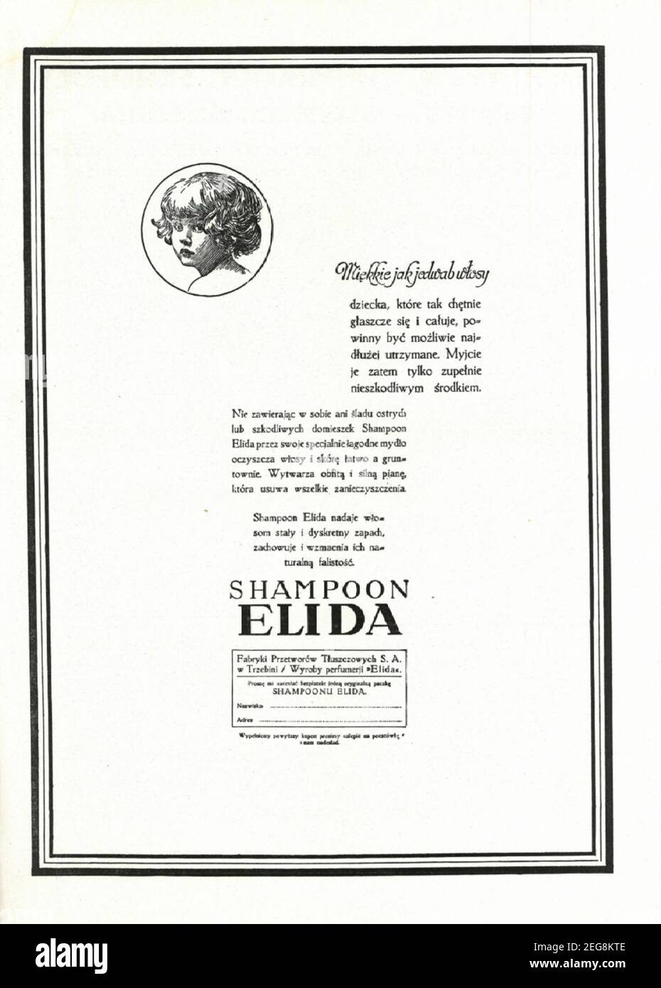 Przedwojenna reklama prasowa szamponu ELIDA, 1933 r Stock Photo