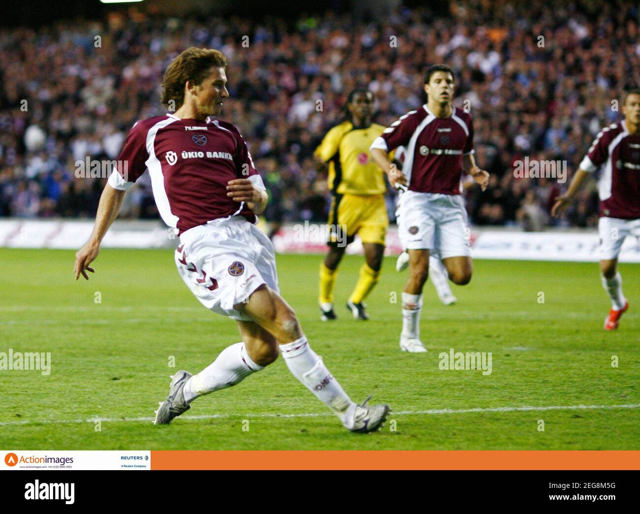 Football - Heart of Midlothian v AEK Athens - UEFA Champions League Third  Qualifying Round First Leg - Murrayfield - 9/8/06 Hearts' Saulius  Mikoliunas scoresl to give his side a 1-0 lead