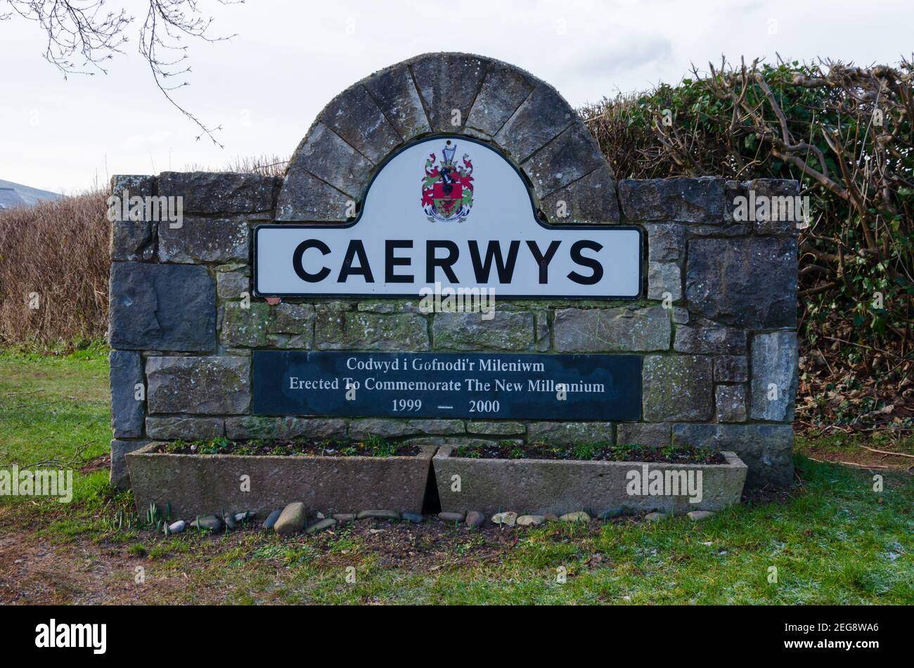 Caerwys, Flintshire; UK Feb 11, 2021 A stone built name sign at the