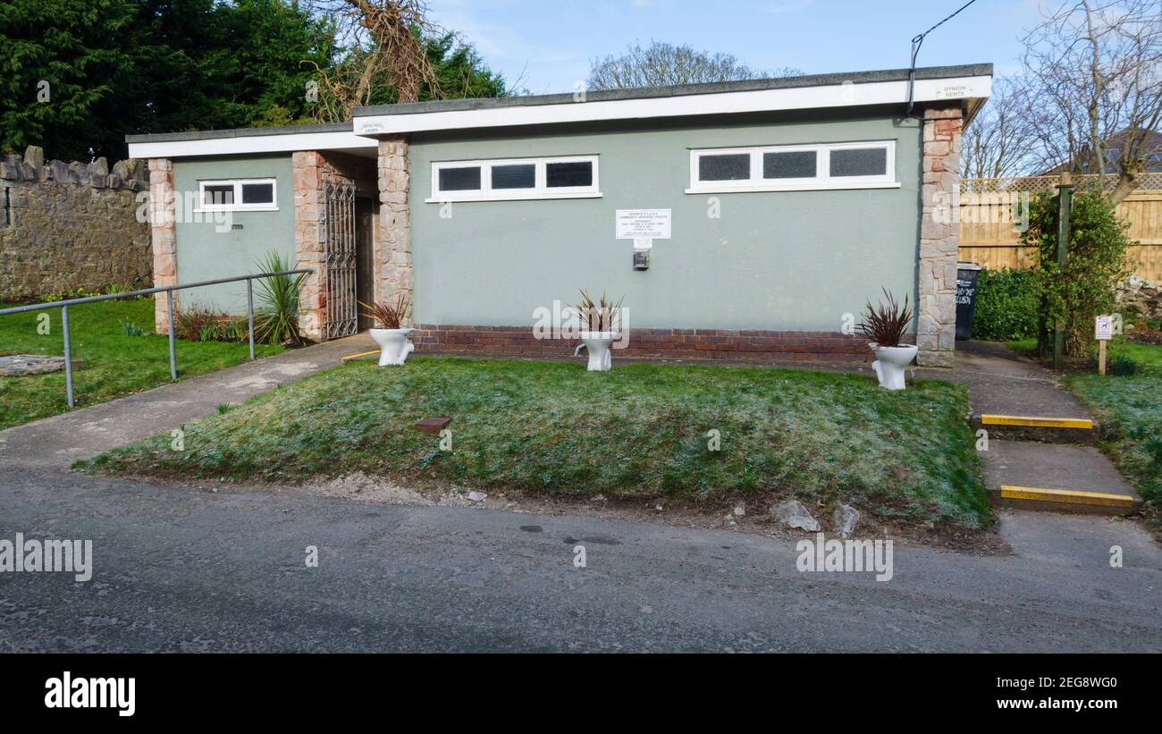 Caerwys, Flintshire; UK: Feb 11, 2021: The public conveniences which are operated by the local community has some recycled toilets which are now used Stock Photo