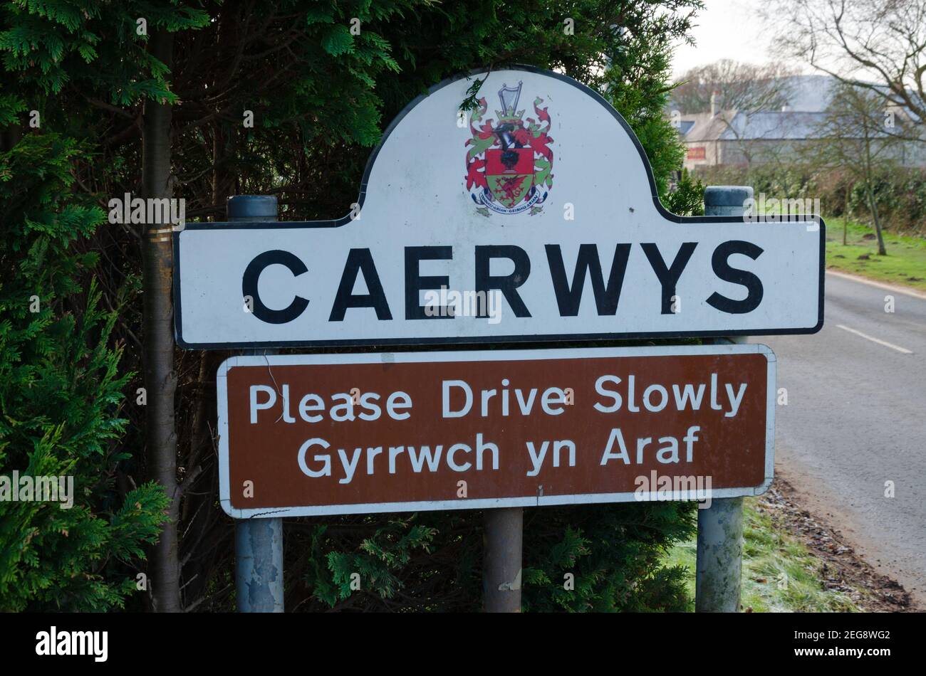 Caerwys, Flintshire; UK Feb 11, 2021 A stone built name sign at the