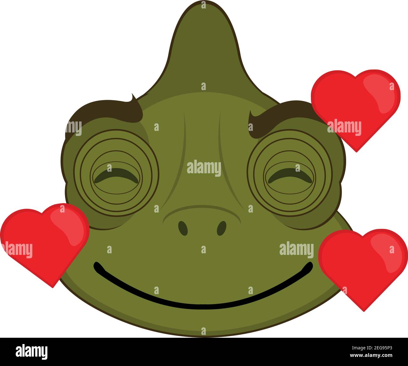 Vector emoticon illustration cartoon of a chameleon´s head with an expression of joy, in love surrounded by hearts Stock Vector
