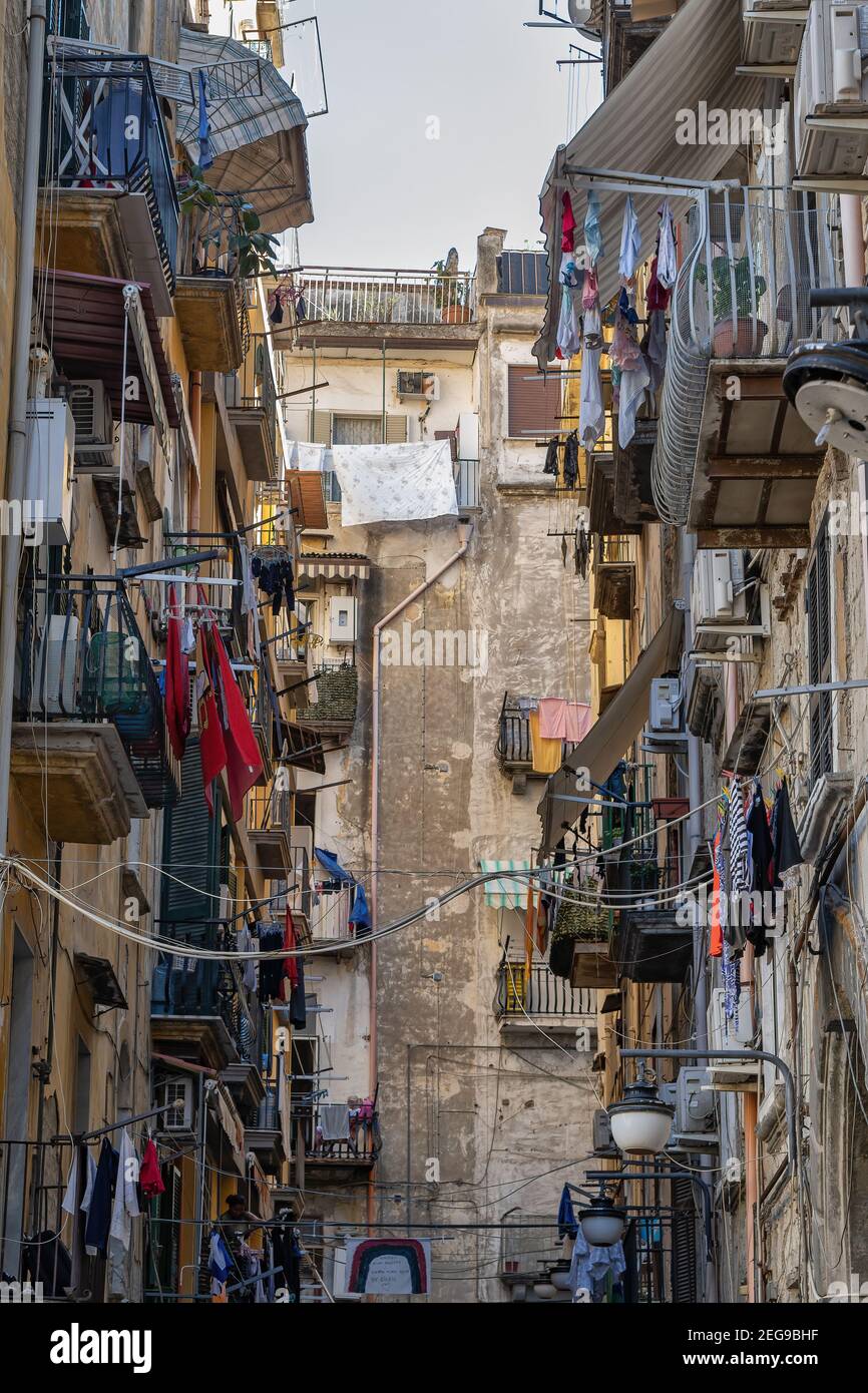 City of Naples in Italy, aged houses in the Spanish Quarter, old