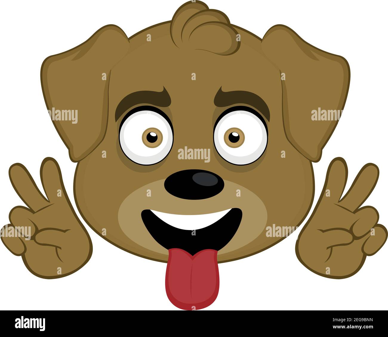 Vector emoticon  illustration cartoon of a dog's head with a happy expression, sticking out his tongue and a gesture of his hands of love and peace Stock Vector