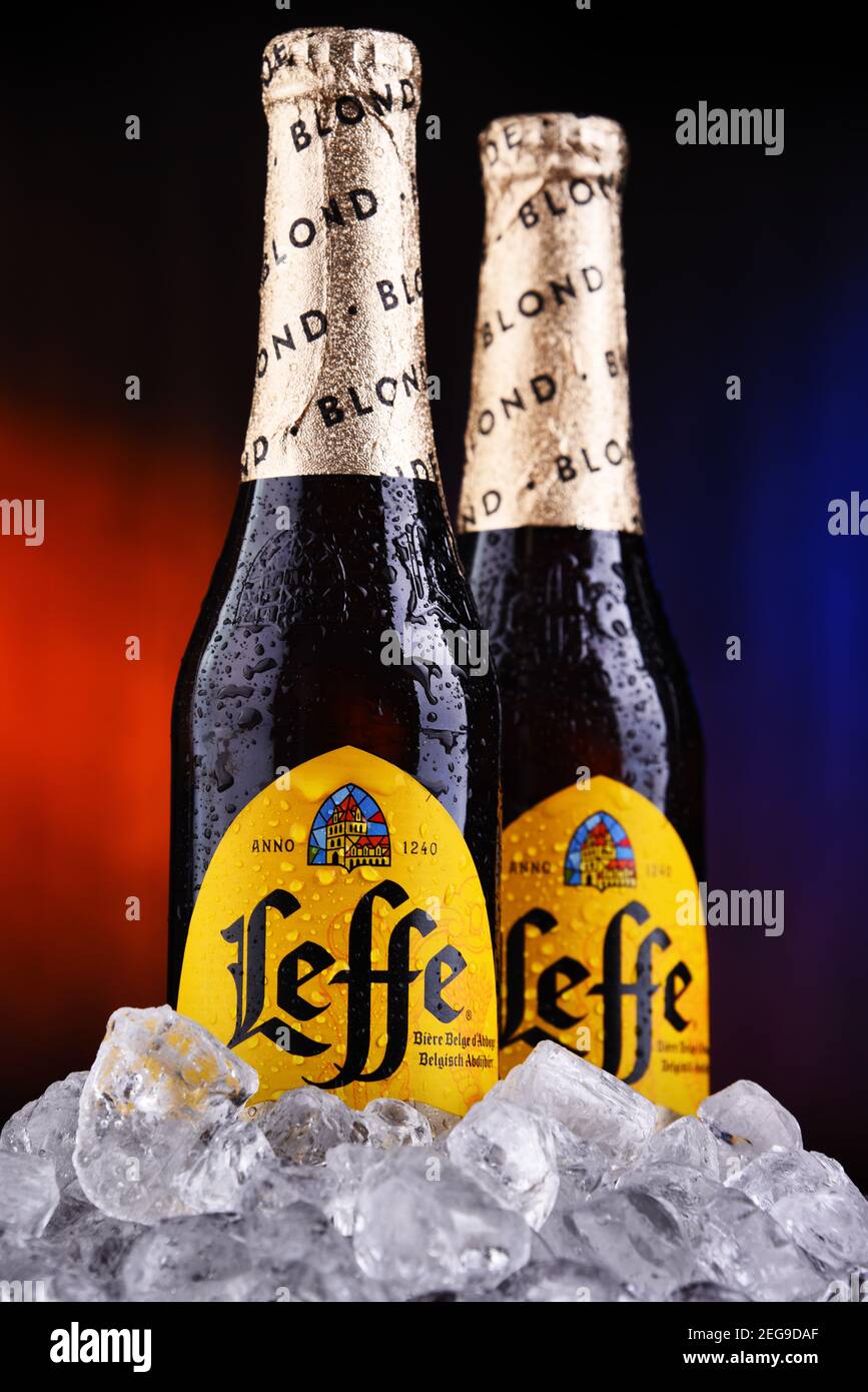 POZNAN, POL OCT 2, 2020 Bottles of Leffe, a brand of beer owned by