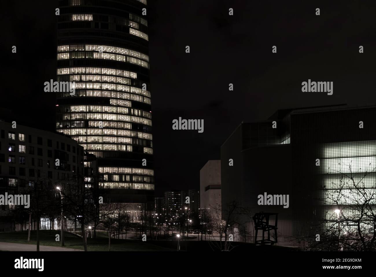modern building in the middle of the city of bilbao at night Stock Photo