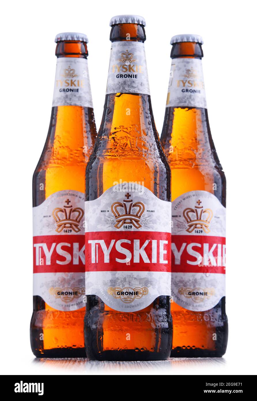 POZNAN, POL - OCT 8, 2020: Bottles of Tyskie, best selling brand of beer in Poland, produced by Kompania Piwowarska, a subsidiary of  Asahi Breweries Stock Photo