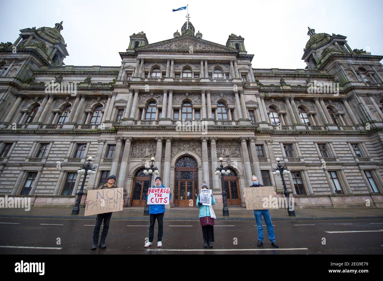 Glasgow Scotland, UK. 18 February 2021. Pictured: (L-R) Gordon Walker - Water Petitioner; Eric Chester; Sean Clerkin; Susan. Credit: Colin Fisher/Alamy Live News. Stock Photo