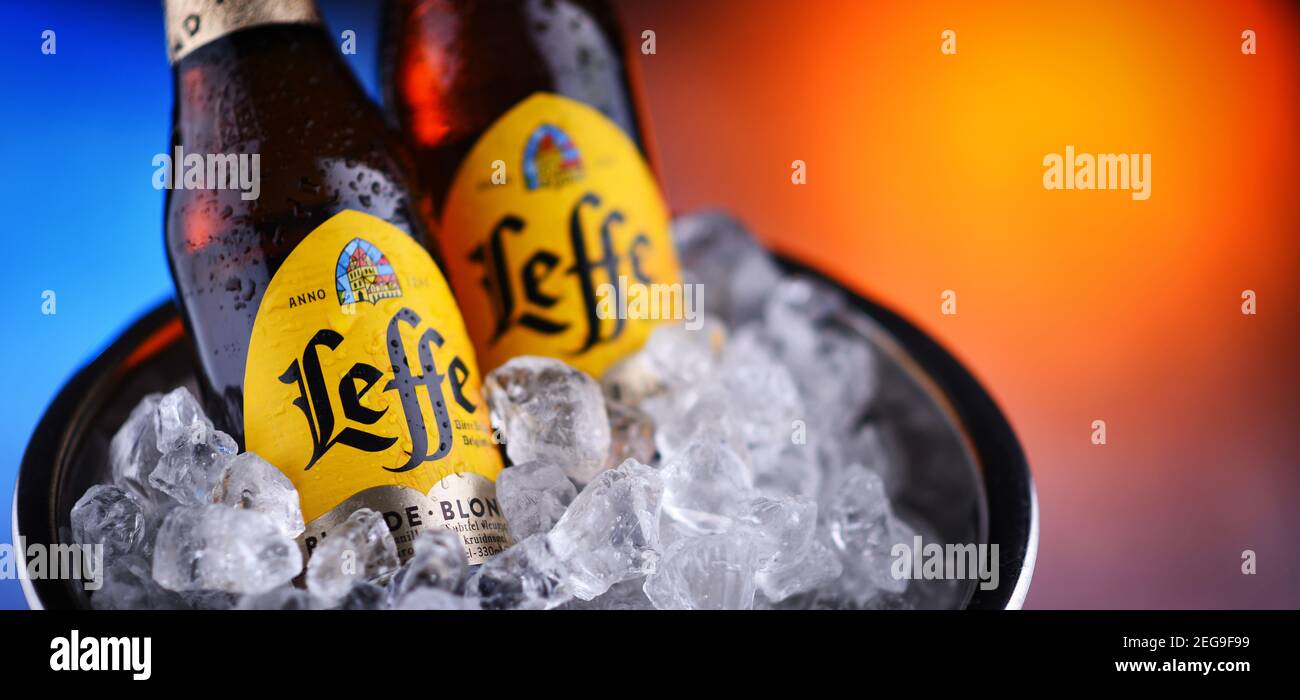 POZNAN, POL OCT 8, 2020 Bottles of Leffe, a brand of beer owned by