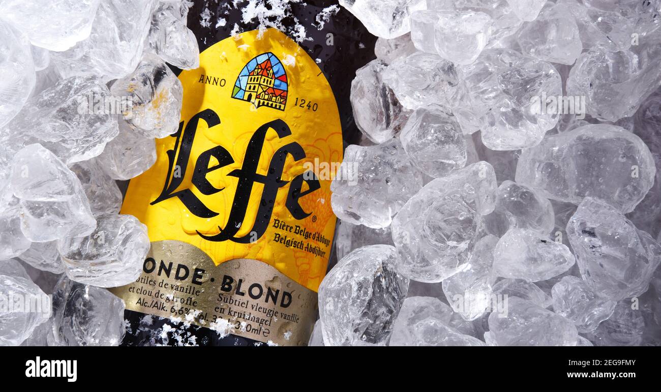 POZNAN, POL OCT 8, 2020 Bottle of Leffe, a brand of beer owned by