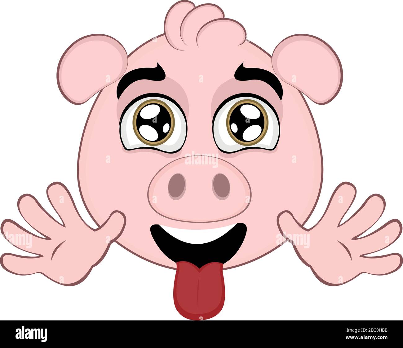 Vector emoticon  illustration cartoon of a pig´s head with happy expression, raising both hands and sticking out the tongue Stock Vector