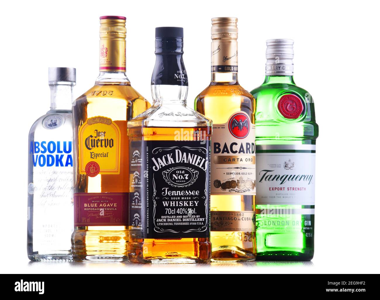 POZNAN, POL - OCT 30, 2020: Bottles of assorted global hard  liquor brands including whiskey, vodka, tequila and gin Stock Photo