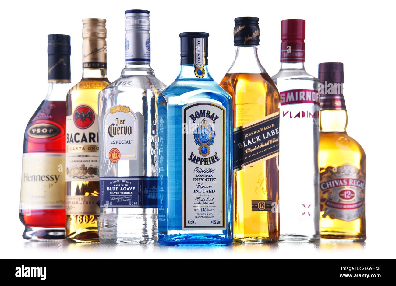 POZNAN, POL - NOV 5, 2020: Bottles of assorted global hard  liquor brands including whiskey, vodka, tequila and gin Stock Photo