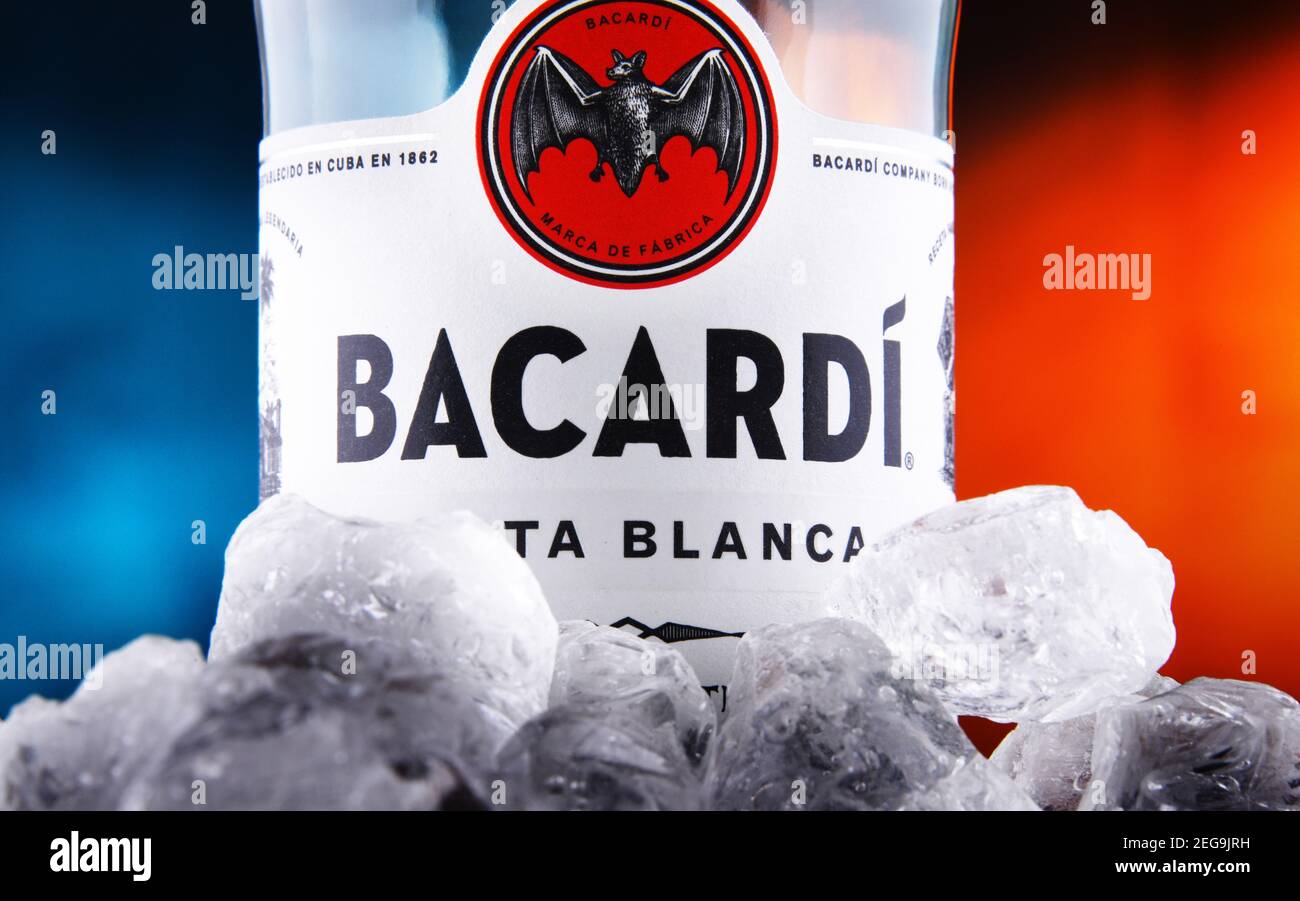 POZNAN, POL JAN 22, 2021 Bottle of Bacardi white rum, a product of