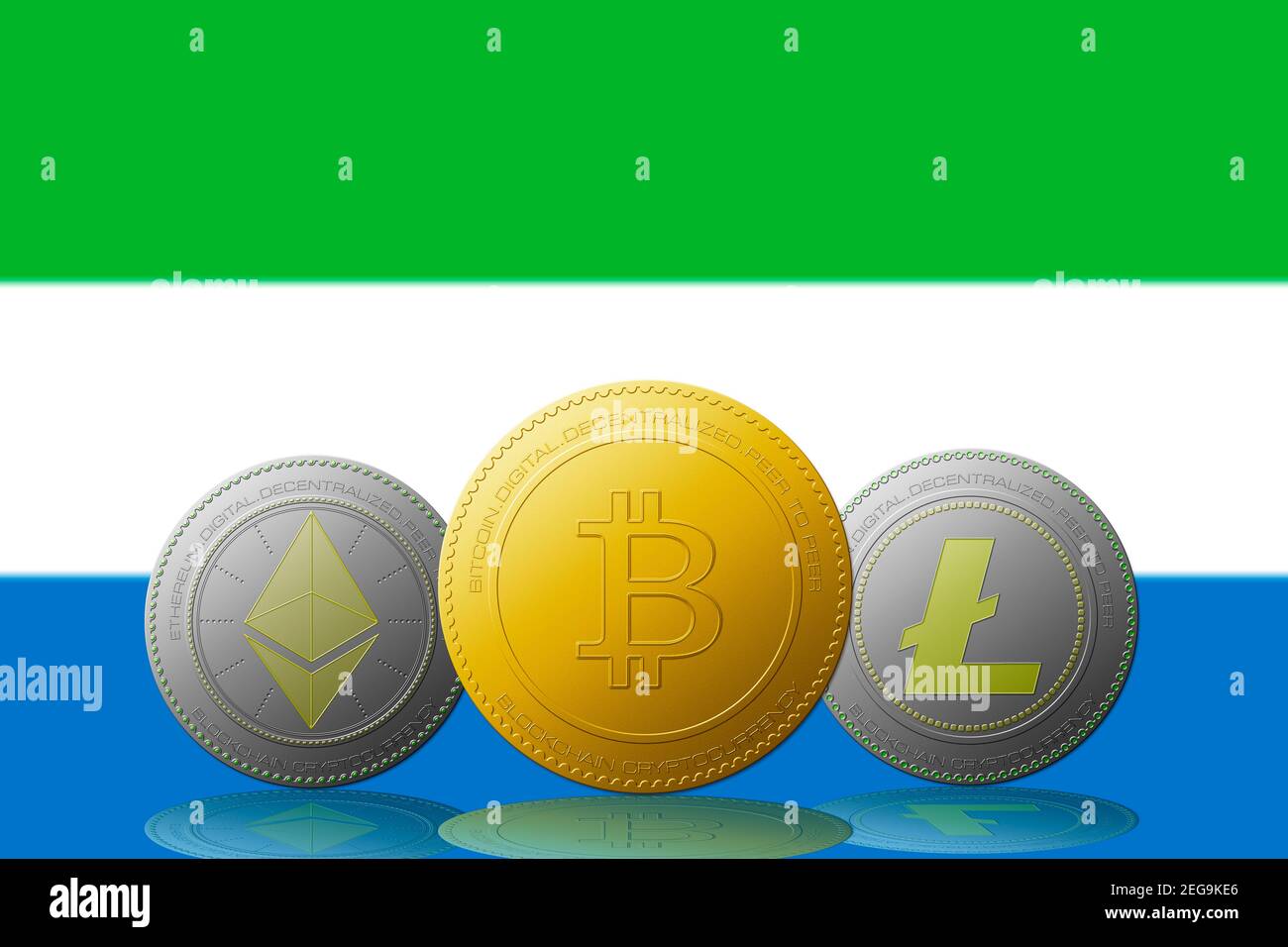 Three cryptocurrencies Bitcoin  Ethereum and Litecoin with Sierra Leone flag on background. Stock Photo