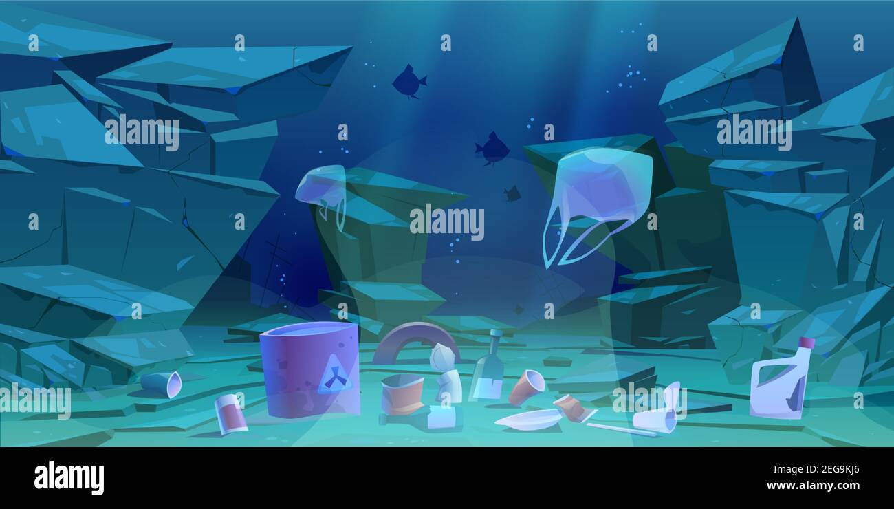 Plastic garbage on ocean bottom. Sea floor with different kinds of trash. Toxic wastes in barrel, bags floating in water. Ecology protection, underwater pollution concept, Cartoon vector illustration Stock Vector