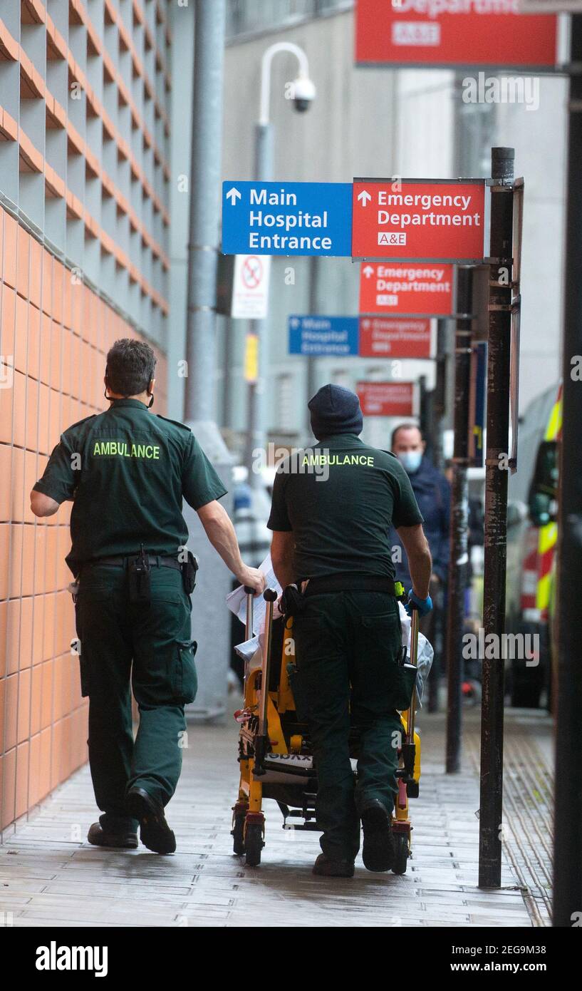 London, UK. 18th Feb, 2021. A steady Stream of patients arriving at the Royal London Hospital in Whitechapel. The NHS is under severe pressure with the Coronavirus pandemic, the extra winter demands and the backlog of patients on waiting lists. Credit: Mark Thomas/Alamy Live News Stock Photo