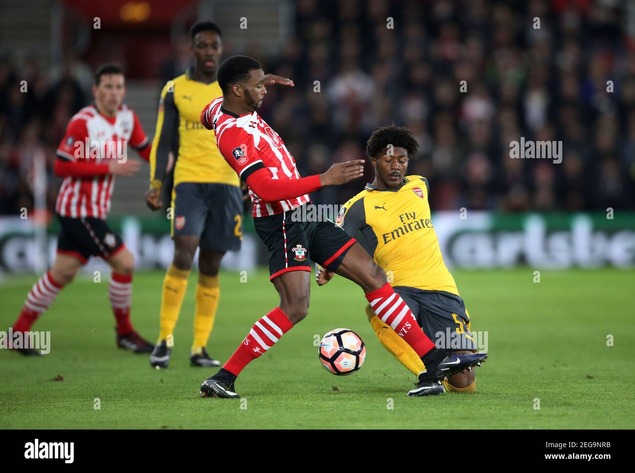 Britain Football Soccer - Southampton v Arsenal - FA Cup Fourth Round - St Mary's Stadium - 28/1/17 Southampton's Cuco Martina in action with Arsenal's Ainsley Maitland-Niles  Reuters / Paul Hackett Livepic EDITORIAL USE ONLY. No use with unauthorized audio, video, data, fixture lists, club/league logos or 'live' services. Online in-match use limited to 45 images, no video emulation. No use in betting, games or single club/league/player publications.  Please contact your account representative for further details. Stock Photo