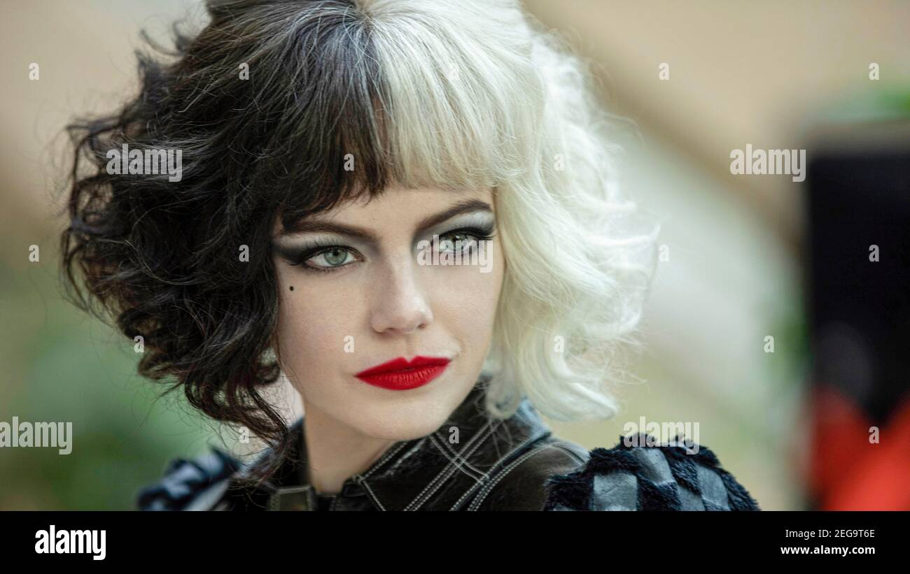 Cruella (2021) directed by Craig Gillespie and starring Emma Stone as a young Cruella de Vil from Dodie Smith's 1956 novel 'The Hundred and One Dalmatians' and Disney's much loved 1961 animated film. Stock Photo