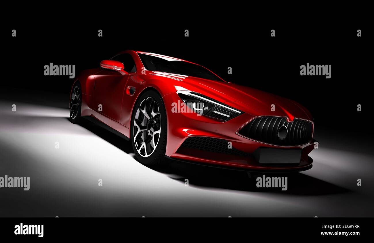 Modern red sports car in a spotlight on a black background. Front view