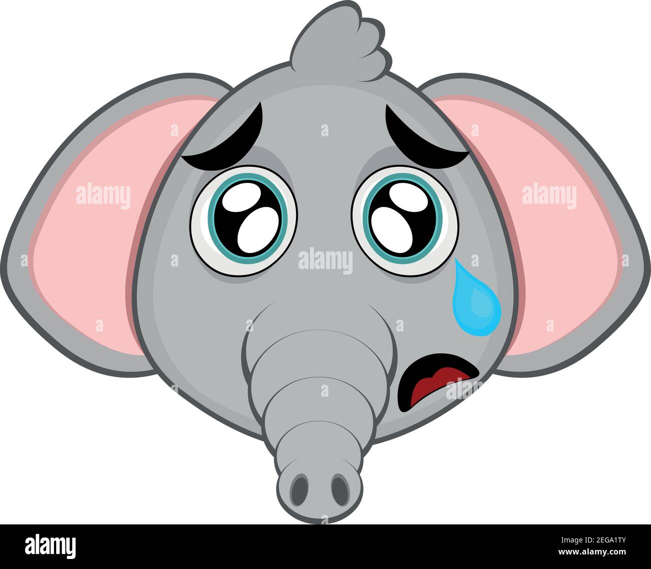 Vector emoticon illustration cartoon of an elephant´s head with a sad expression and crying with a tear falling from its eye over its cheek Stock Vector
