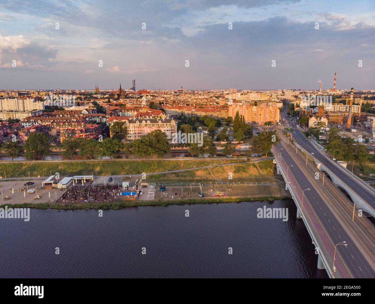 Wroclaw June 21 2019 Warsaw bridges over Odra river at sunny morning Stock Photo