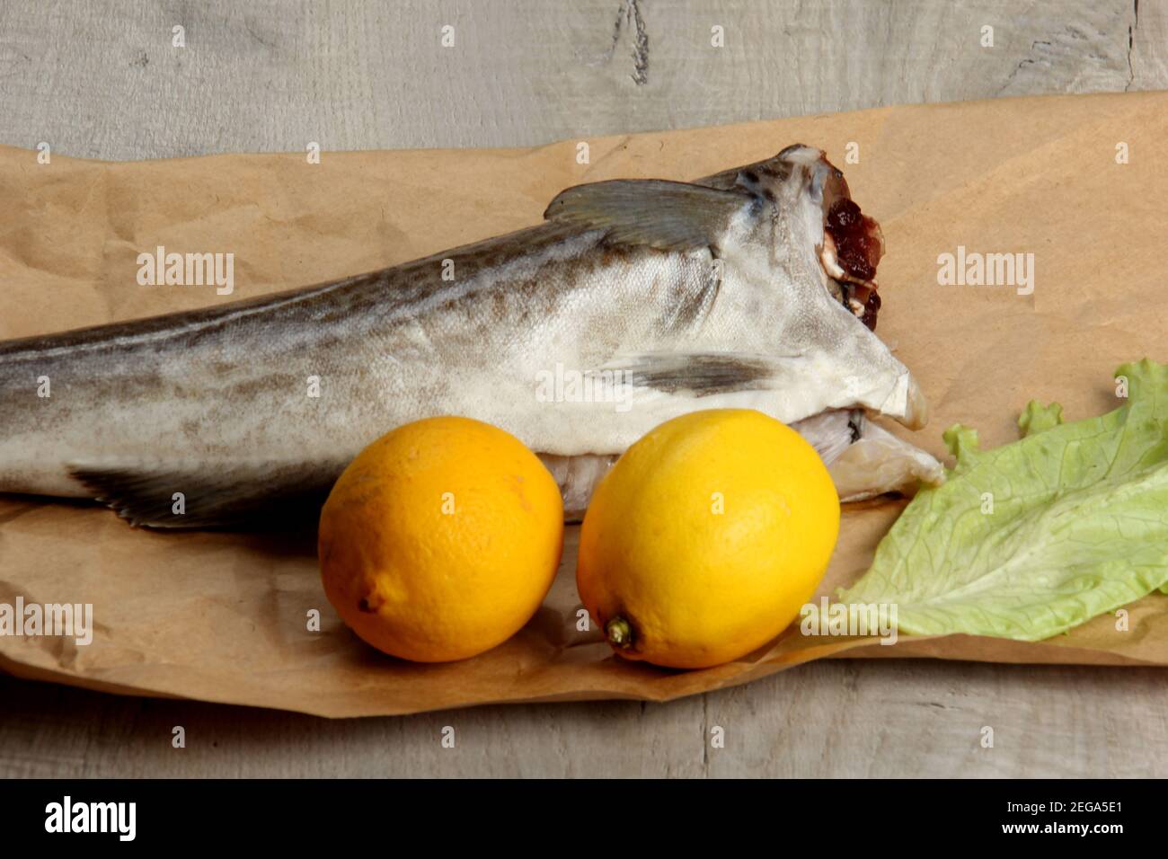 Fresh Whole Cod Fresh whole cod without a head on a sheet of paper, lemons and a green ...