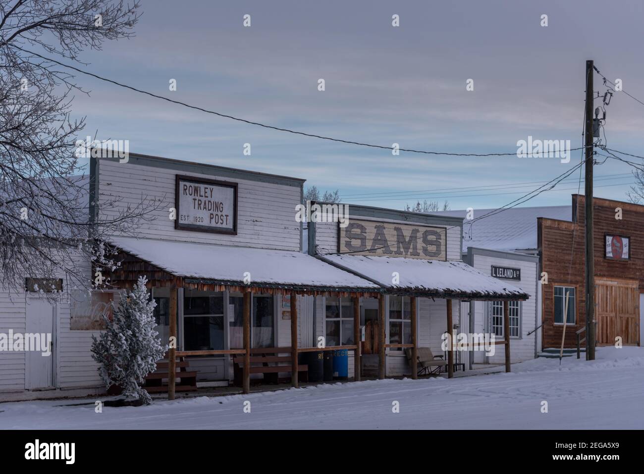 Rowley, Alberta January 31, 2021 Main street in the ghost town of