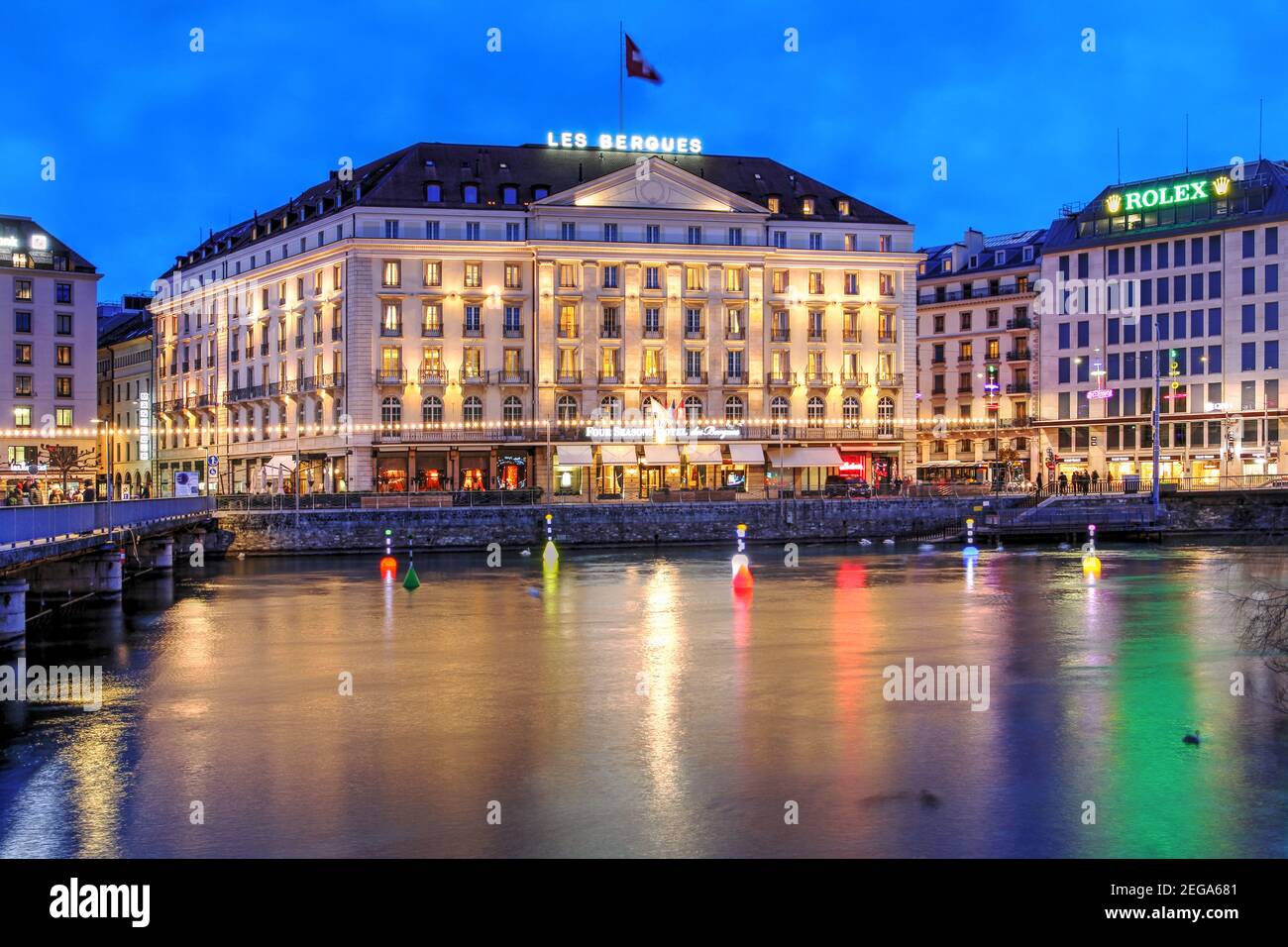 Geneva, Switzerland - January 24, 2021 - Les Flotteuses, light art installation on the Quai des Bergues, Geneva, Switzerland by Stéphane Durand during Stock Photo