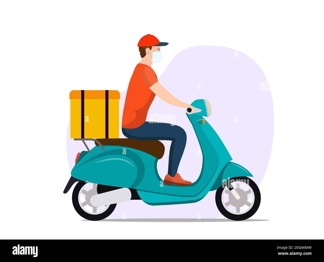 COVID-19. Quarantine in the city. Coronavirus epidemic. Online Delivery Service concept. scooter courier, delivery man in respiratory mask. Stock Vector