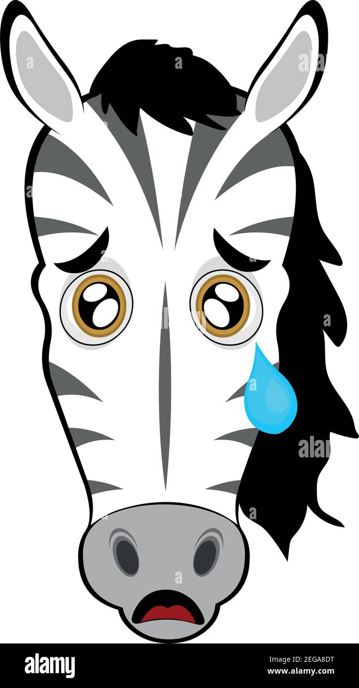 Vector emoticon illustration of the head of a cartoon zebra with a sad expression and a tear falling from its eye Stock Vector