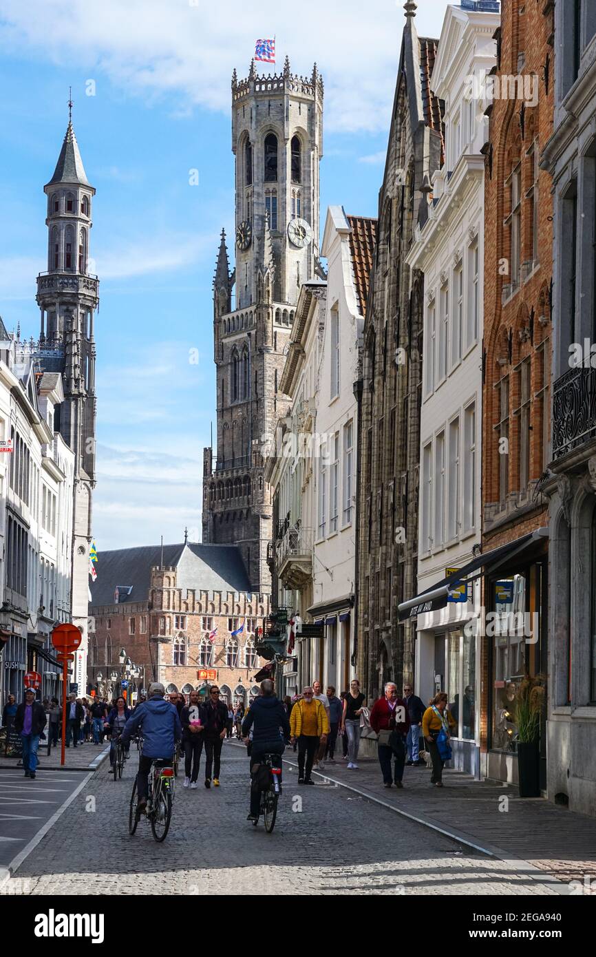 The Belfry bell tower seen from Vlamingstraat street Bruges, Belgium Stock Photo