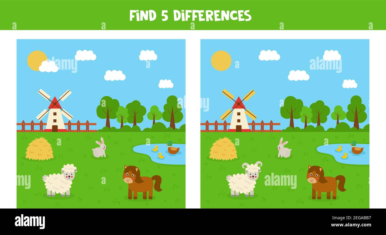 Find five differences between pictures. Farmland landscape with animals. Stock Vector
