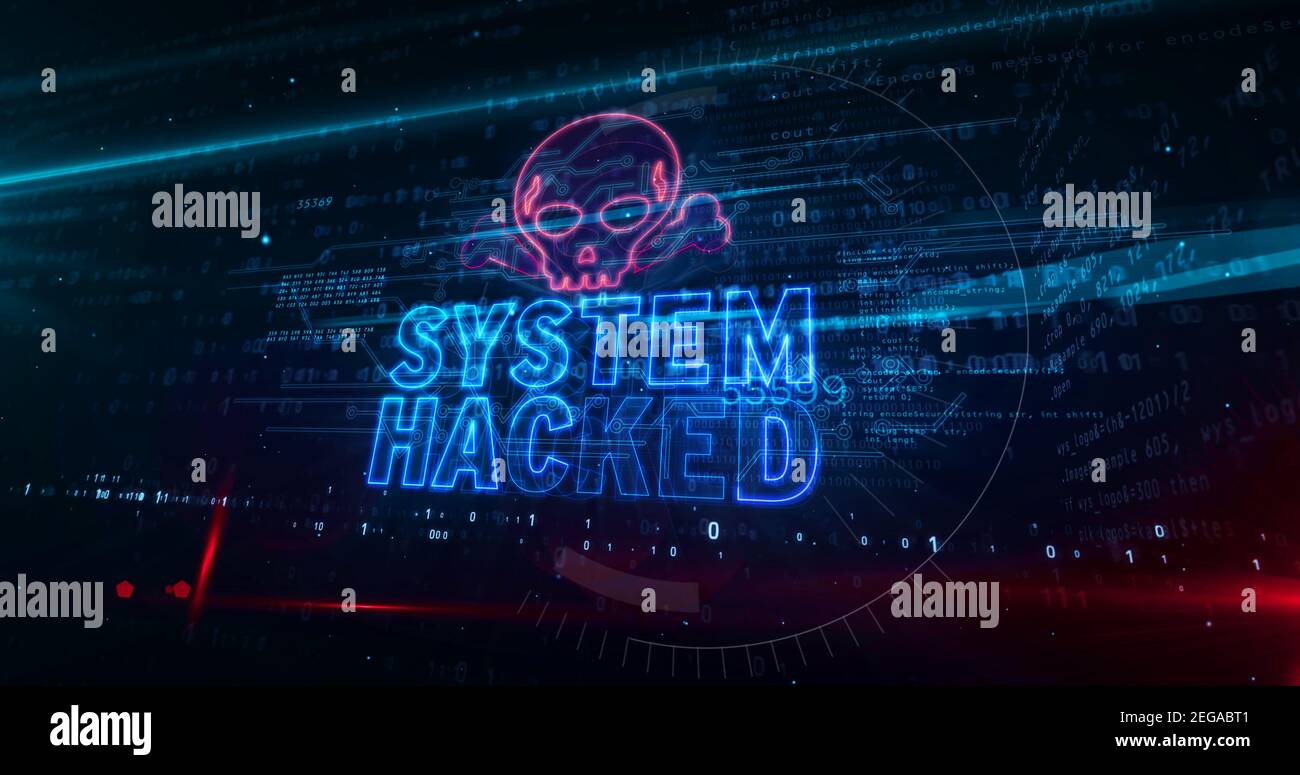 System Hacked warning concept with skull symbol, cyber attack alert, danger and computer security breach icon. Futuristic abstract 3d rendering illust Stock Photo