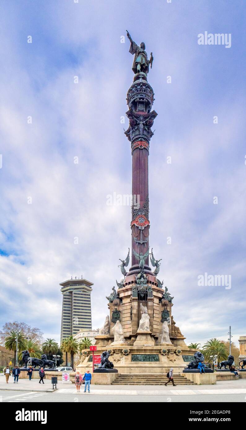 4 March 2020: Barcelona, Spain - The Columbus Monument on the seafront in Barcelona, Catalonia, Spain. Stock Photo