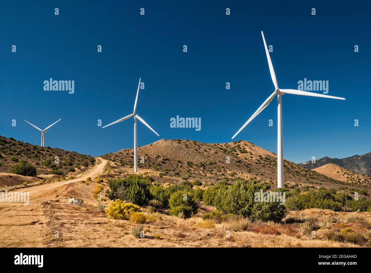 Wind farm, Hoffman Summit, view from Jawbone Canyon Road, Jawbone–Butterbredt Area of Critical Environmental Concern, Sierra Nevada, California, USA Stock Photo