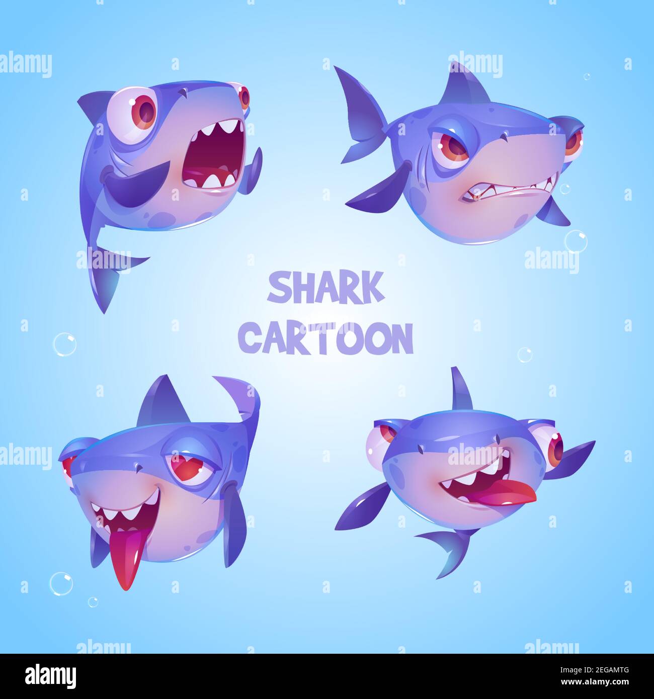 Cute shark cartoon character, funny fish mascot, underwater animal with kawaii muzzle express emotions fall in love, smiling, crazy, surprised and angry. Wild toothy predator, isolated vector set Stock Vector