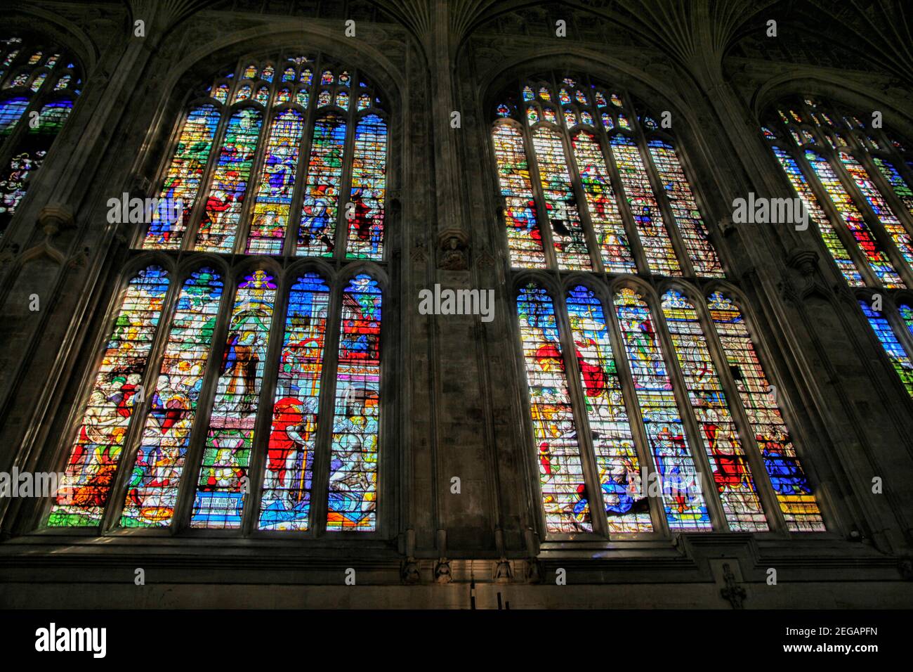Kings College Chapel Interior; Stained Glass windows, Cambridge UK