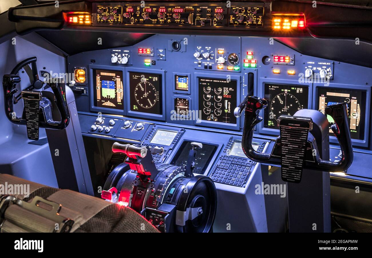 Lateral view of cockpit in homemade flight simulator - Concept of aerospace industry development - Flying simulation school Stock Photo