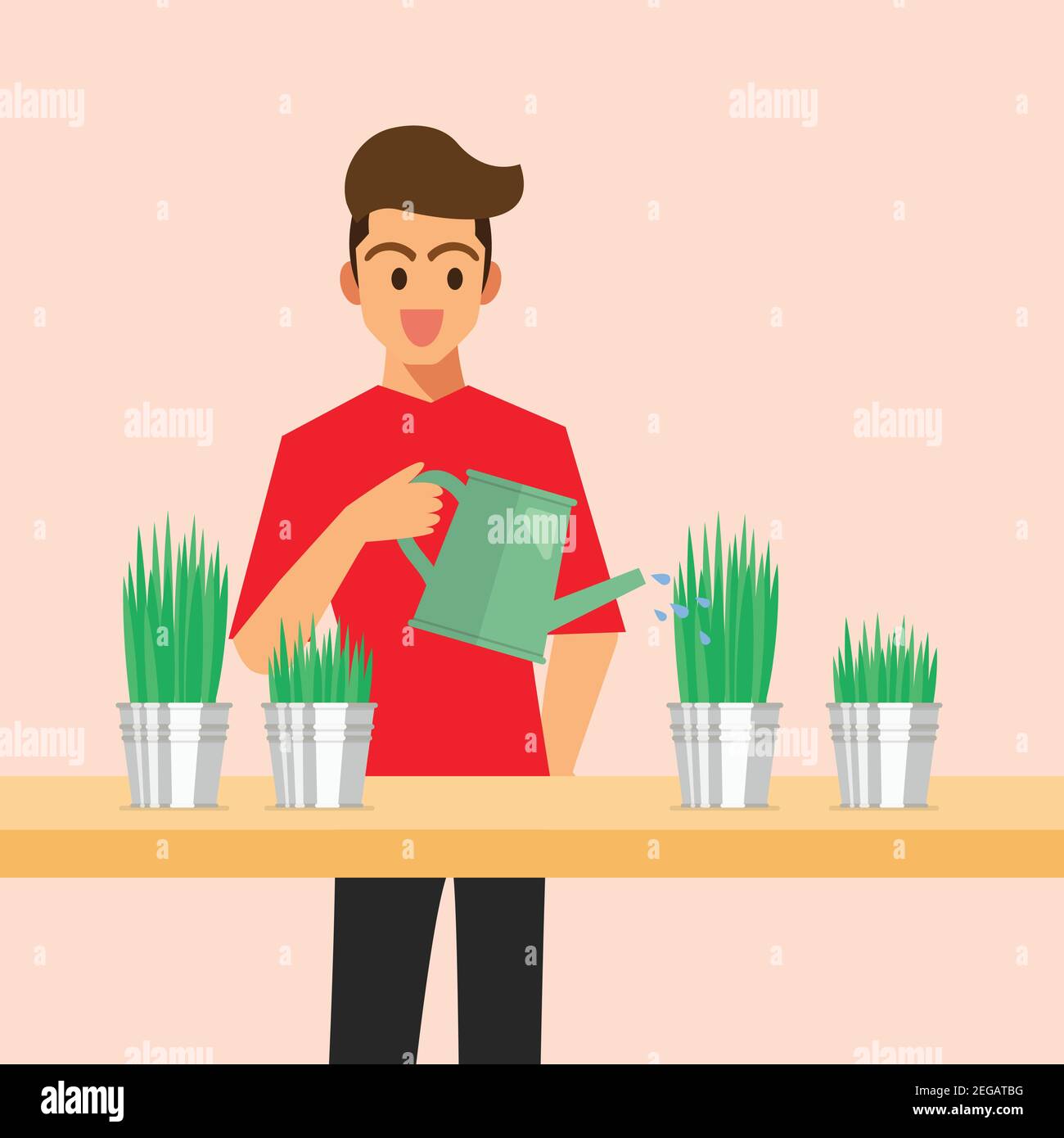 Happy man watering plant. vector illustration. Stock Vector