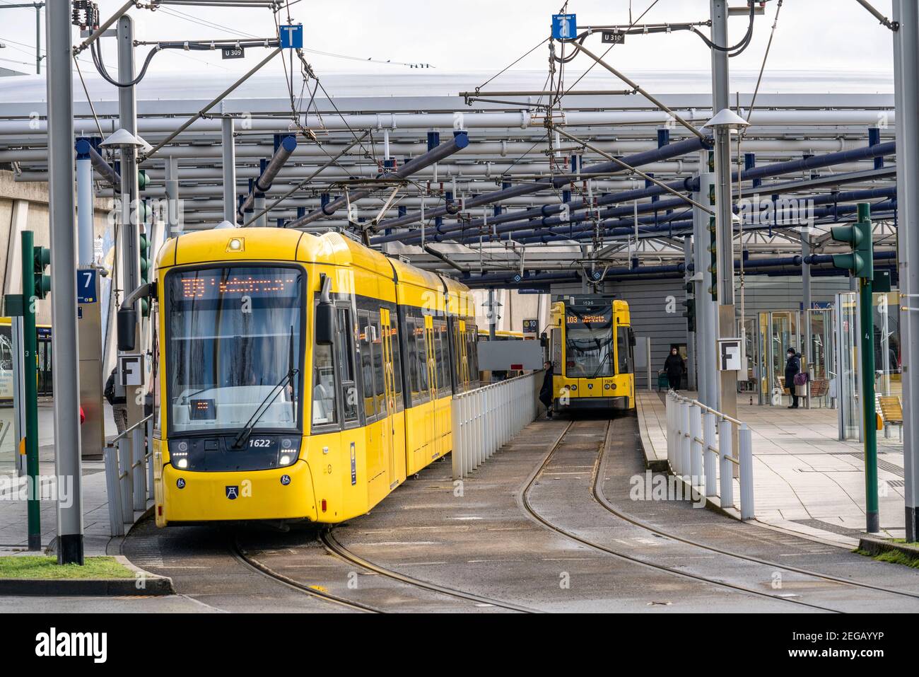 Trams of the Ruhrbahn, at the S-Bahn station Essen-Steele, interface between rail transport, Nordwestbahn and tram and bus lines, in Essen, NRW, Germa Stock Photo