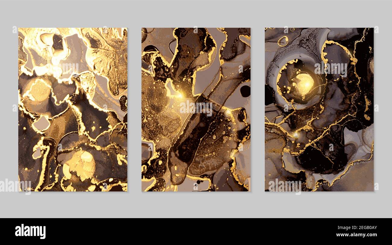 Set of black, and gold marble abstract patterns. Alcohol ink technique ...