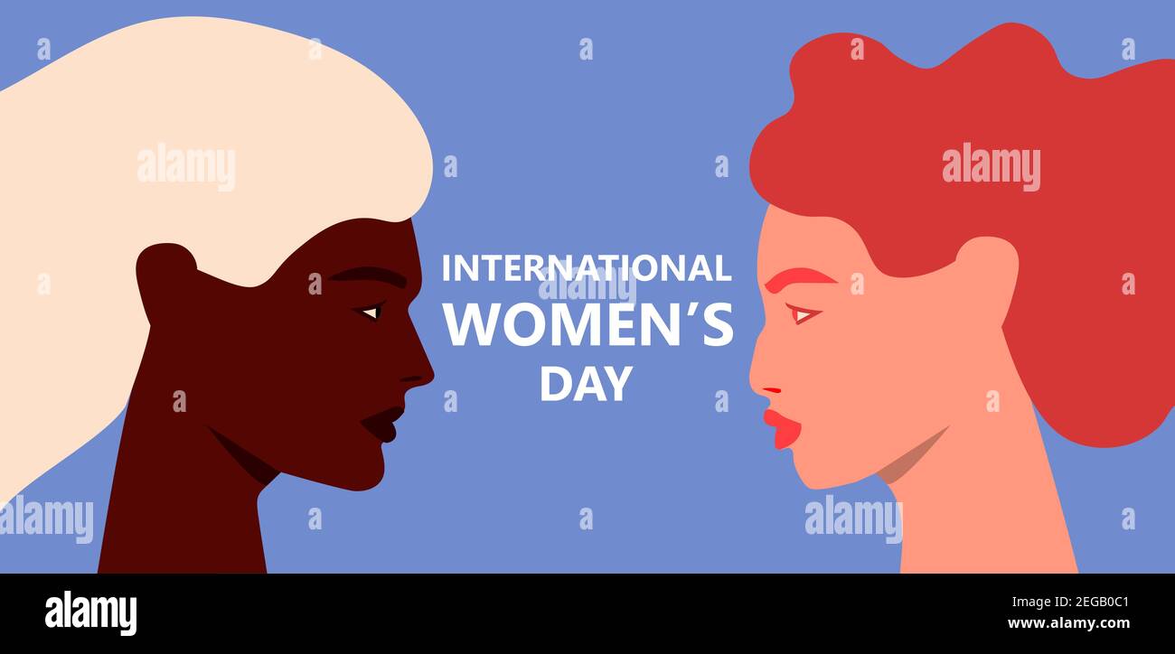 International womens day. 8th march. Horizontal poster with two female faces looking at each other. Vector illustration in flat style for greeting Stock Vector