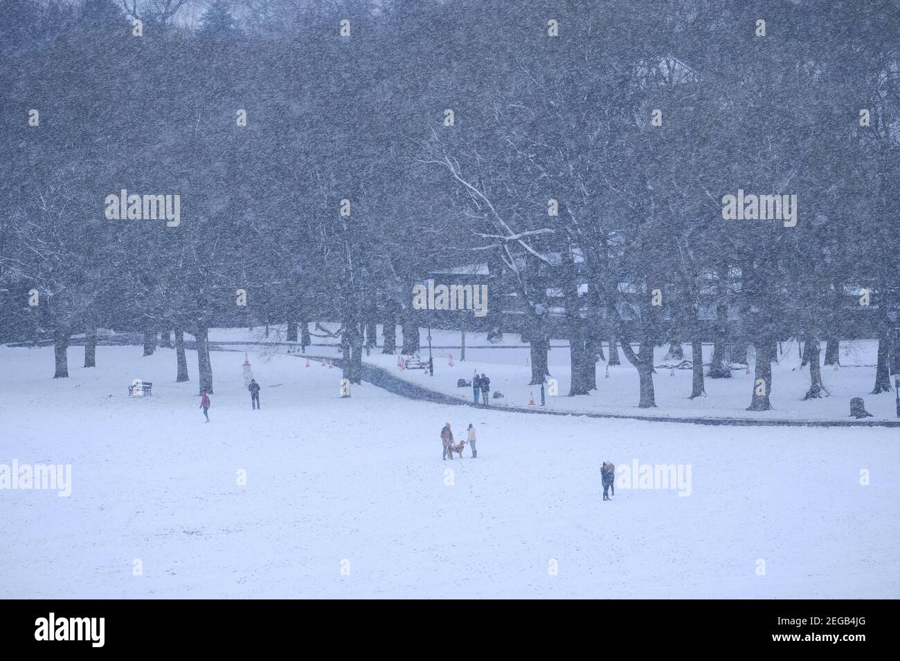 EDINBURGH, UNITED KINGDOM - FEBRUARY 17, 2021: The blizzard, strong wind, walking people in a park Stock Photo