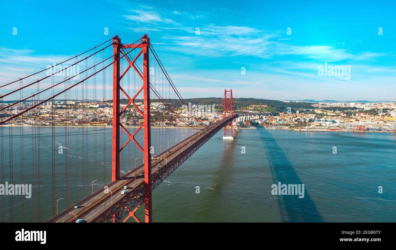 Drone photo of the 25 De Abril Bridge.Red bridge in Lisbon.Portugal  sightseeing Stock Photo - Alamy