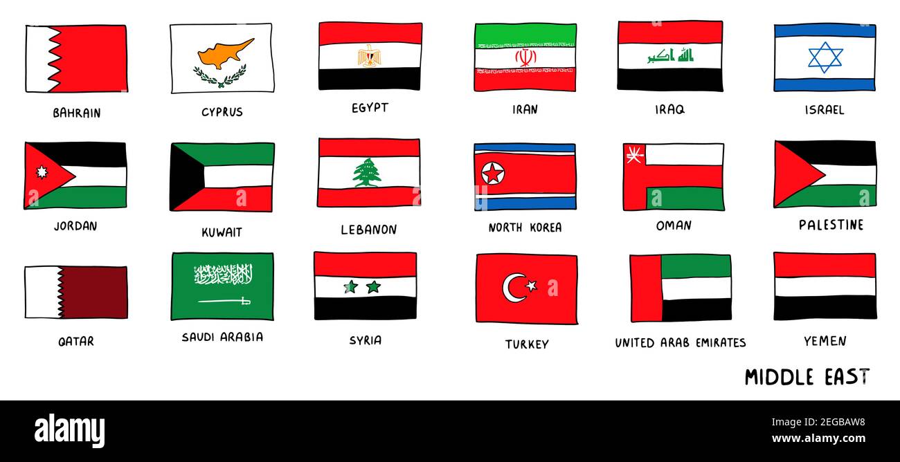Middle East Countries national Flags Hand Drawn. Sketch style Vector doodle illustration Stock Vector