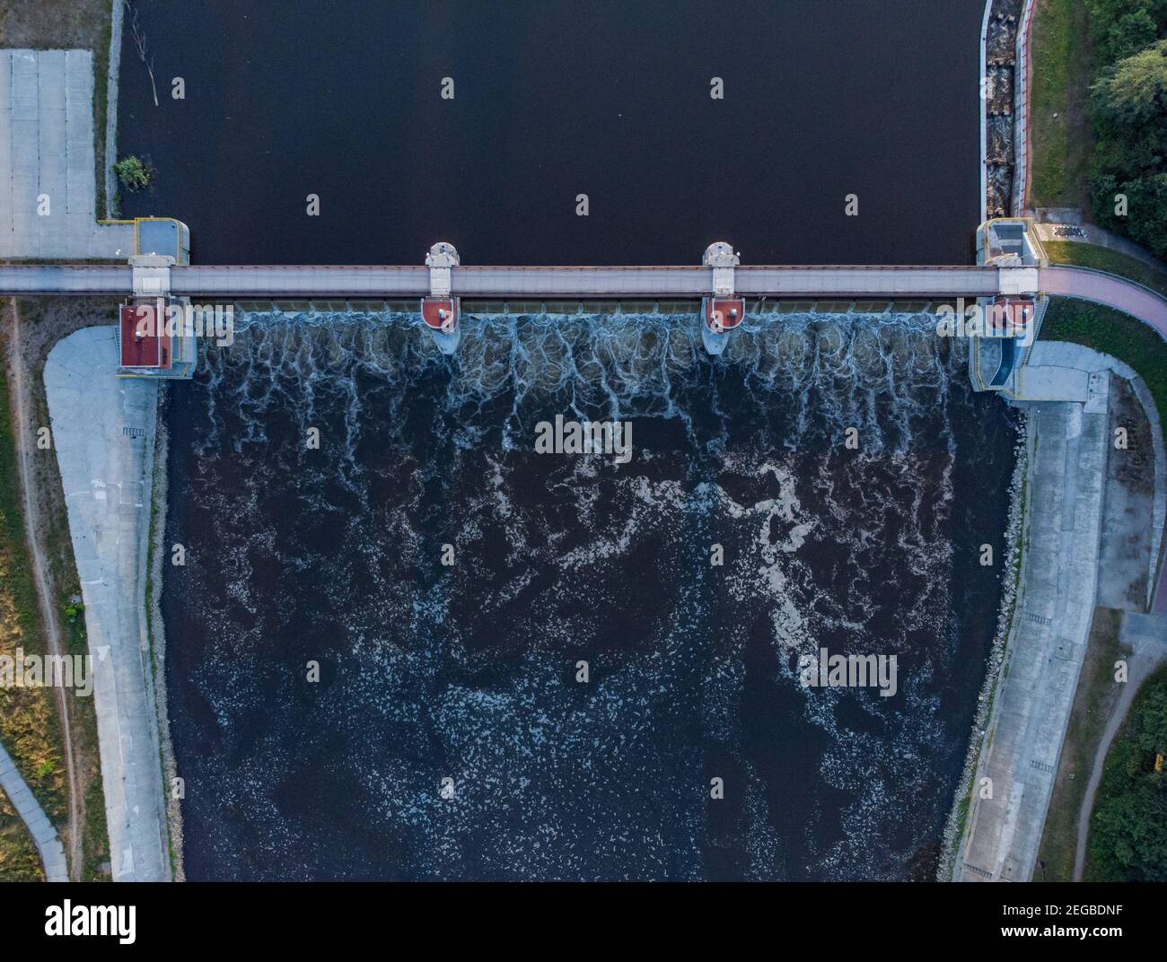 Wroclaw July 1 2019 Aerial top down look to bridge with water dam Stock Photo