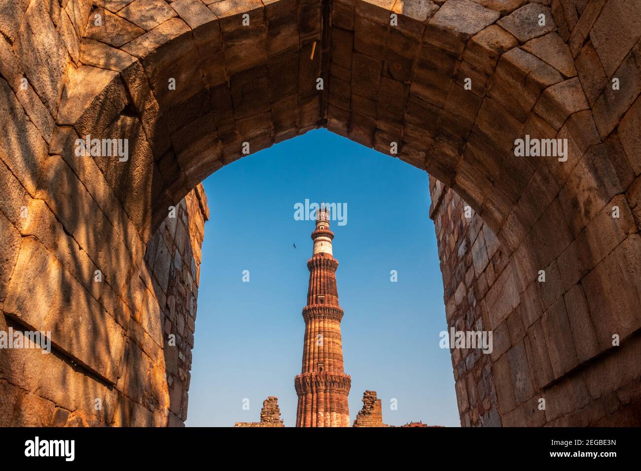 Qutub Minar (Minaret) a highest minaret in India standing 73 M tall tapering tower of five story made of red sandstone. Stock Photo