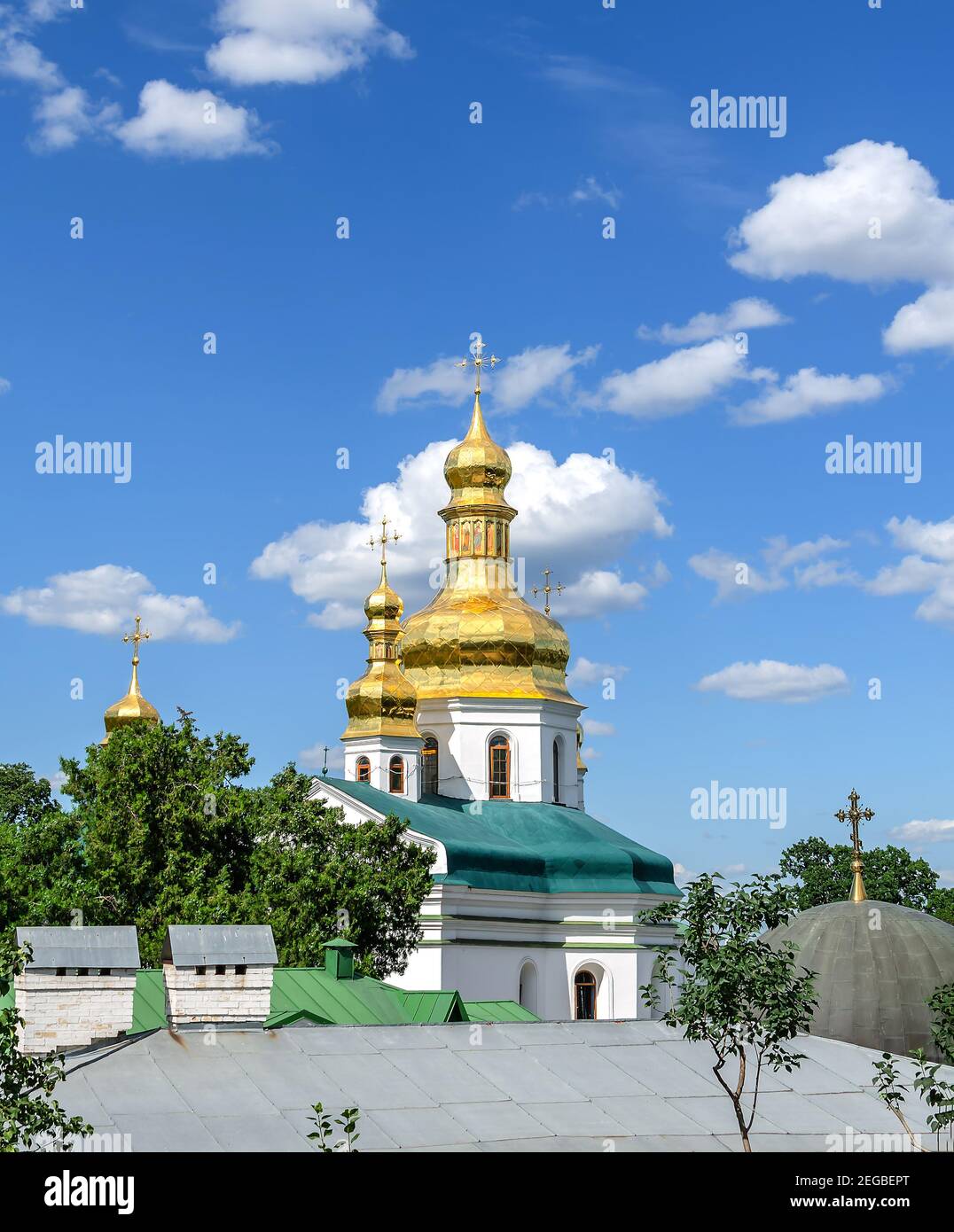 Orthodox church with golden domes, warm summer day Ukraine, Kiev Stock Photo