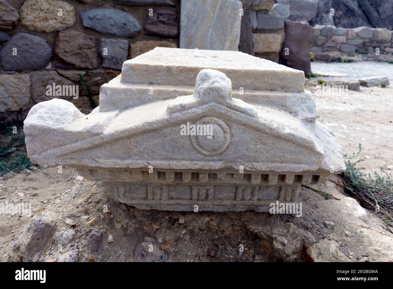 Intricate stone carvings lying in the ruined Basilica of Agios Stefanos in Kefalos, Kos, Greece Stock Photo
